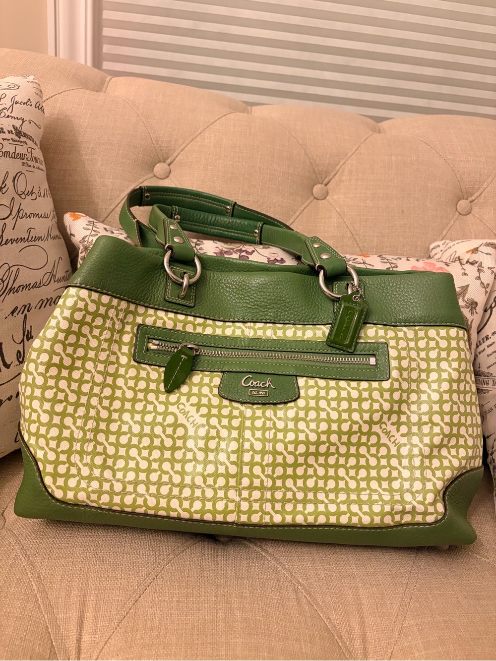 Coach Green Signature Canvas Satchel with Leather Trim